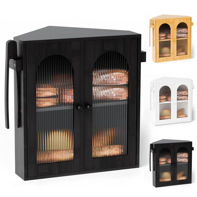 HOMLUX Arch-Door Bamboo Bread Box, Large Vertical-Slat Countertop Organizer, Black