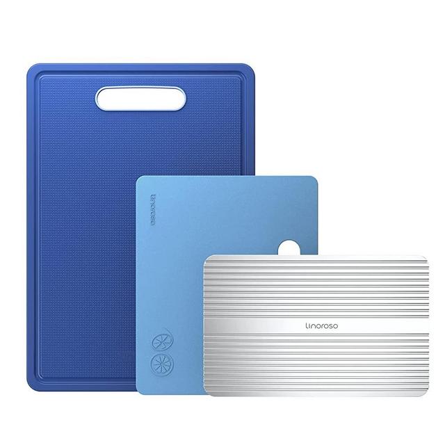 Linoroso Kitchen Cutting Board with Defrosting Tray Set of 3, Juice Grooves, Easy Grip Handle, Slip Resistant, Dishwasher Safe, Food-Grade Safe Plastic Chopping Board - Classic Blue