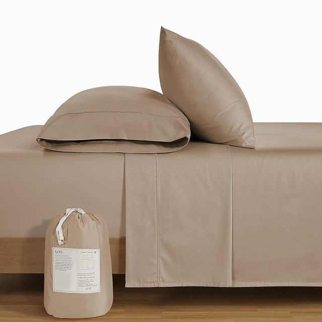 600 Thread Count Queen Sheet Set - 4 Pc Queen Sheets, 100% Long Staple Combed Cotton Sheets, Luxury Sateen Weave Queen Size Sheets, Hotel Collection Sheets, 17" Queen Sheets Deep Pocket, Taupe
