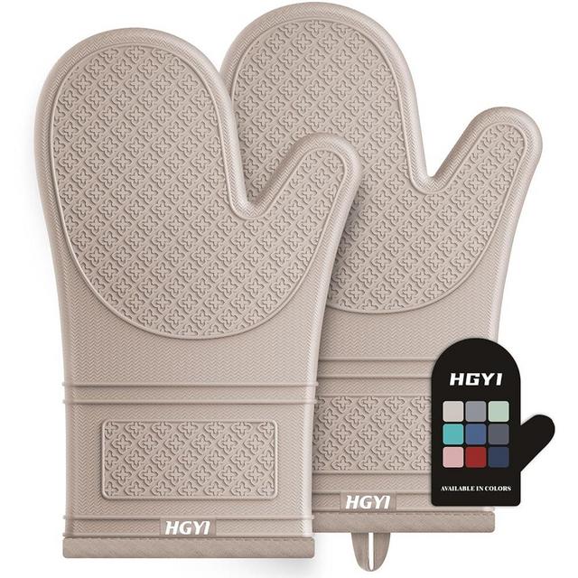 Silicone Oven Mitts, Heat Resistant Oven Gloves with Quilted Liner, Waterproof & Non-Slip Kitchen Mittens for Baking Cooking BBQ, 500°F, 12.5"-Milkshake Beige