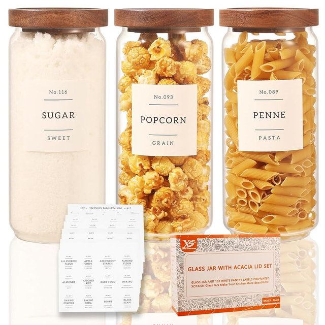 3 Pack Glass Canisters with Airtight Acacia Lids and 132 Kitchen Pantey Labels Preprint - 36 Fl OZ Borosilicate Glass Pantry Storage Jars Containers with Wooden Lids for Tea,Sugar,Cookie,Pasta,Candy