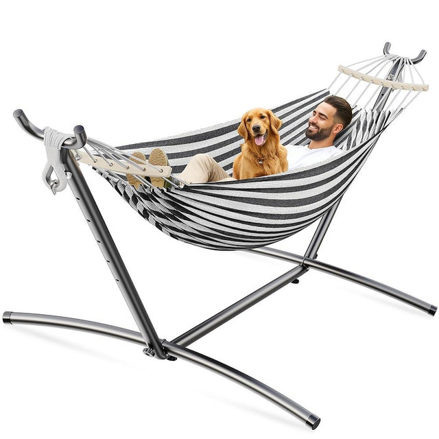 ANAGOO Double Hammock, Heavy Duty Portable, 500 lb Weight Capacity, Perfect for Both Indoors and Outdoors, 2 Person Hammock with Carrying Bag, Black White