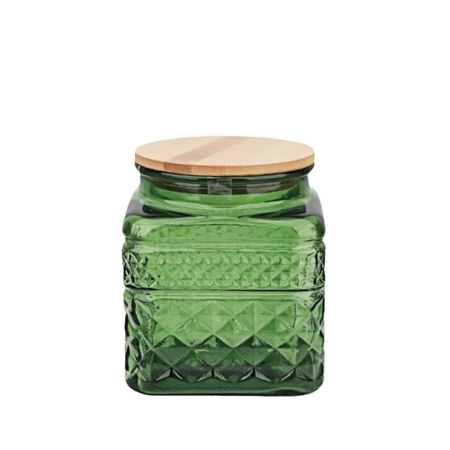 ANSQU Square Glass Jar, 20.3oz Candy Jars with Lid, Glass Food Storage Containers for Ground Coffee, Tea, Sugar, Decorative Mason Jar, Cute Jar (Green)