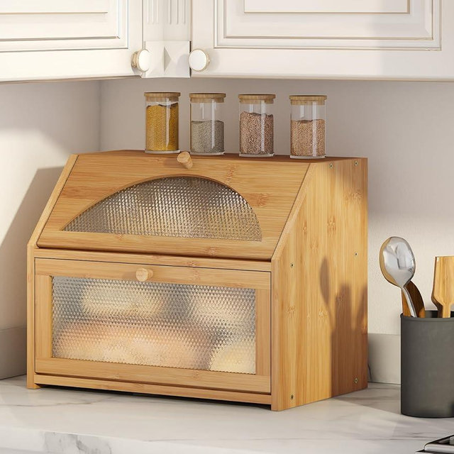 Vriccc Large Bread Box, Bamboo Wood Bread Box for Kitchen Counter, Double-layer Bread Storage Bin, Acrylic glass with Diamond Patterns