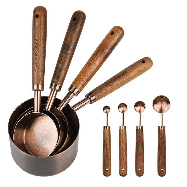 Smithcraft Copper Measuring Cups & Spoons Set, Stainless Steel Measuring Cups and Spoons Set, Metal Measuring Cups & Spoons Set with Wood Handle for Cooking & Baking