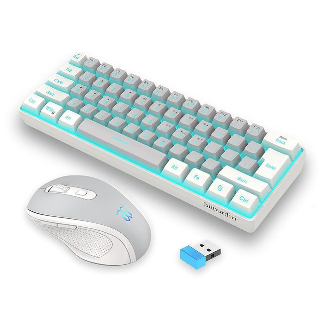Snpurdiri 2.4G Wireless Gaming Keyboard and Mouse Combo, Include Mini 60% Mechanical Feel RGB Backlit Keyboard, Ergonomic Vertical Feel Small Wireless Mouse(White and Grey)