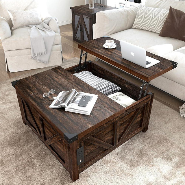 jimeimen Farmhouse Lift Top Coffee Table with Storage, Wood Square Center Table with Charging Station&USB Ports, Living Room Central Table w/Large Hidden Space, for Living Room, Bedroom, Home Office
