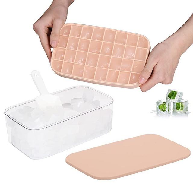 Updated Silicone Ice Cube Trays With Lid and Storage Bin, Easy-Release 32 Small Nugget Ice Tray with Spill-Resistant Cover&Bucket,Ice Molds Maker for Cocktails & Whisky, Container, Scoop, BPA Free