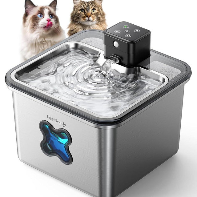 Cat Water Fountain Stainless Steel, FEELNEEDY Visual Filter Automatic Pet Water Fountain for Cats & Dogs Dispenser, Cordless Battery Operated Water Fountain for Cats Indoor - 3.2L/108oz