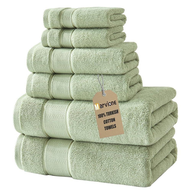 Marvione Bath Towels Set 6 Piece, 100% Turkish Cotton Highly Absorbent and Soft Towels for Bathroom 2 Bath Towels 2 Hand Towels 2 Washcloths, Sage Green