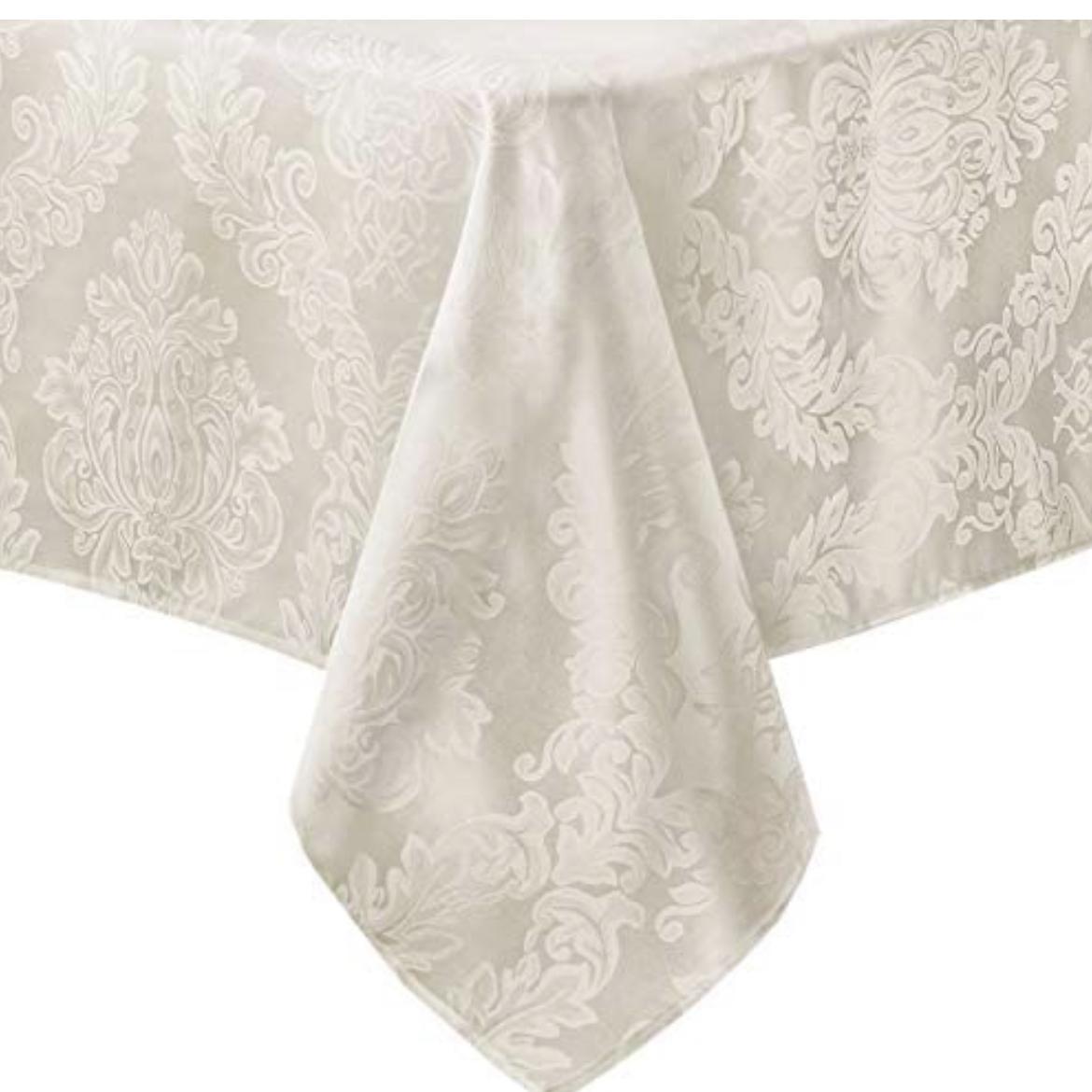 Barcelona Luxury Damask Fabric Tablecloth by Newbridge, 100% Polyester, No Iron, Soil Resistant Dining Room, Party Banquet and Holiday Tablecloth, 60 Inch x 84 Inch Oblong/Rectangle, Antique White