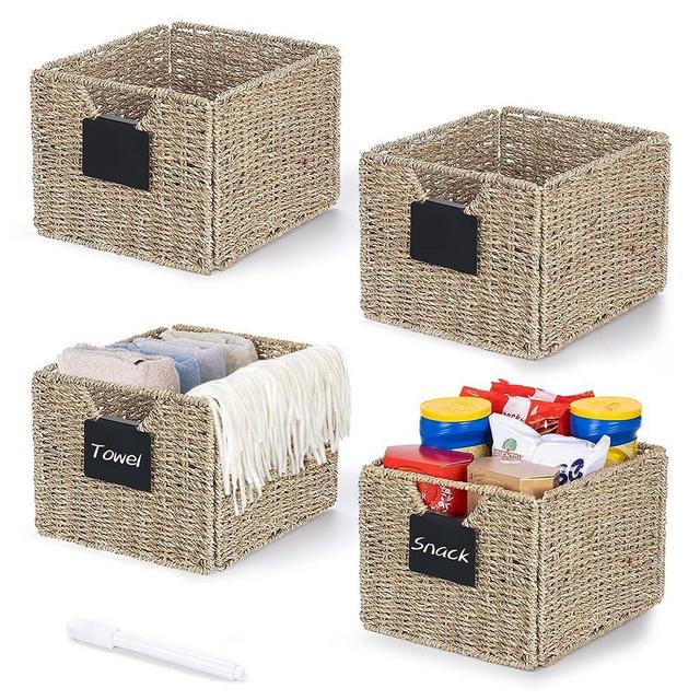 Seagrass Storage Baskets with Labels, 10.5x9x7.5in Wicker Storage Basket, 4 Pack Woven Storage Baskets, Pantry Baskets Organization,Vintage Basket Bin for Kitchen Bathroom Toilet Rack Shelves