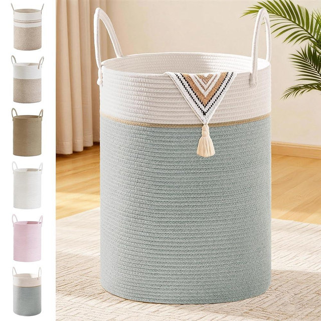 SunNewt Tall Laundry Basket with Handles, 100L Portable Dirty Clothes Hamper, Boho Cotton Rope Storage Bin for Blankets Kids Toys Gifts, Extra Large Organizer for Nursery Bedroom Bathroom, Sage Green