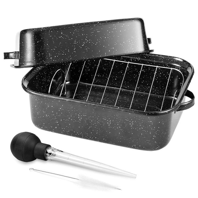 21Inch Roasting Pan, Extra Large Rectangle Roasting Pan With Rack, 25lb Capacity, Large Roaster pan for Baking Turkey, V-Rack and Versatile Lid Bone Turkey Baster by DIMESHY