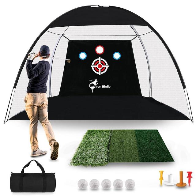 Golf Net, 10x7ft Golf Practice Net, Metal Ground Stakes, Stainless Steel Base Golf Nets for Backyard Driving, Complete Kit with 5 Golf Balls, Rubber Tee Holder, Tri-Turf Golf Mat, Carry Bag