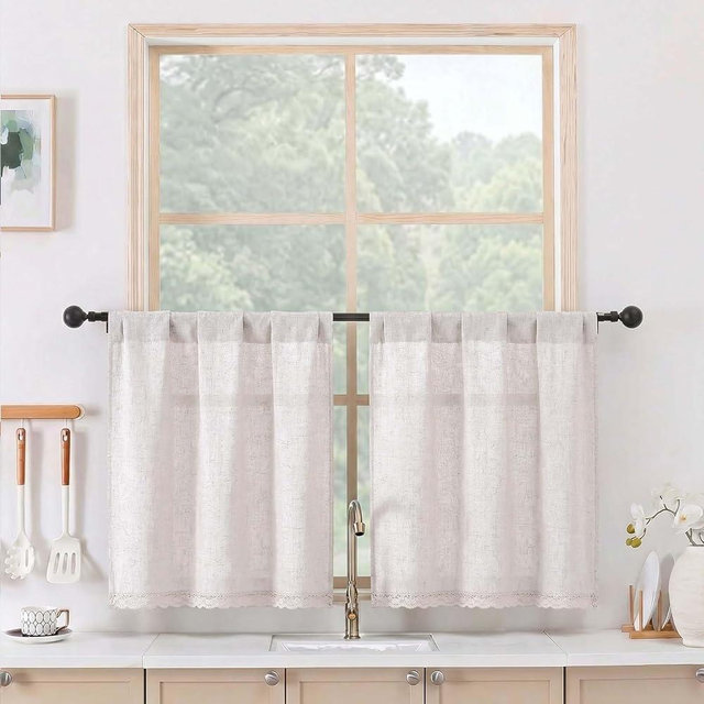 Chyhomenyc Boho Lace Kitchen Curtains 24 Inch Length - Light Filtering Faux Linen Vintage Half Window Cafe Curtains, Short Curtain Tiers for Bathroom RV Camper, 26Wx24L, 2 Pieces, Natural