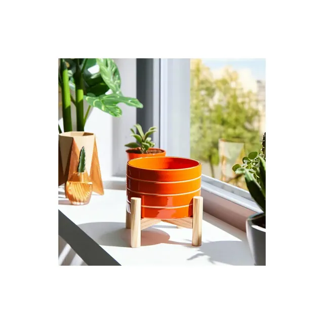 Ceramic Planter with Stand - Modern Ceramic Plant Pot for Indoor & Outdoor Use - Decorative Home & Garden Flower Pot - 6" Orange
