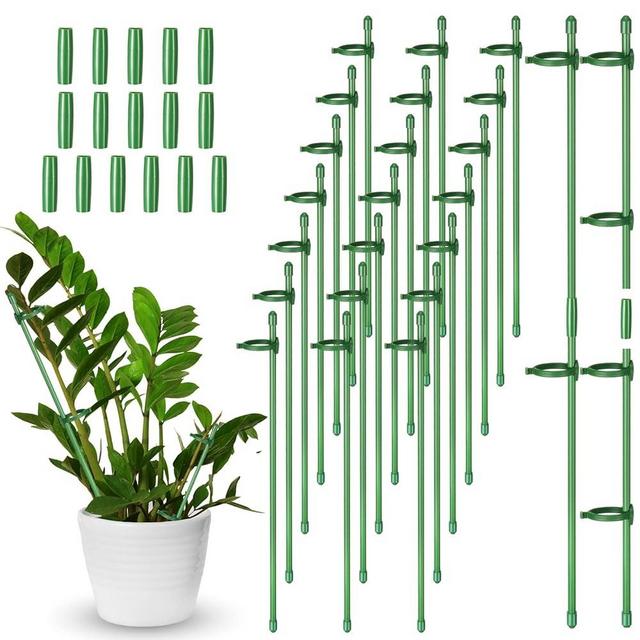 30 Pcs Adjustable Plant Support Stakes Garden Single Stem Support Stake Plant Cage Support Rings with Plant Clips and Connect Pipe for Orchid Rose Tomato, 12 Inch (Green)