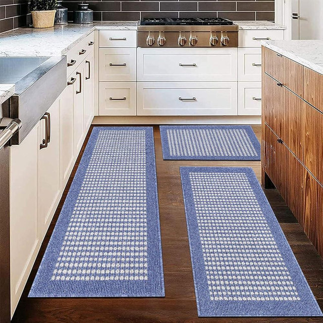 Ileading Kitchen Mat Sets 3 Piece Minimalist 3D Lattice Kitchen Floor Rugs with Non Slip Rubber Backing Machine Washable Farmhouse Runner Rugs for Laundry Hallway Doormat(Light Blue)