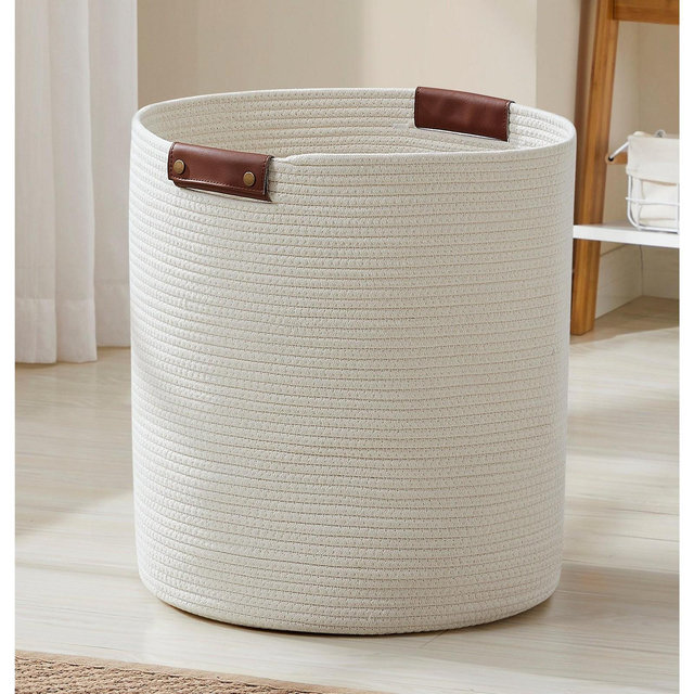 Ornavo Home Large Cotton Rope Laundry Hamper Woven Basket with Faux Leather Handles - Cream