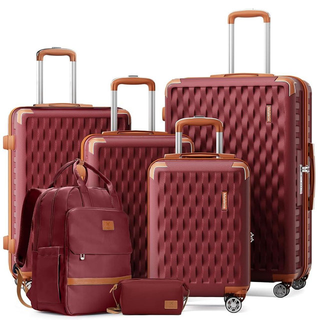 Melalenia Suitcase Sets 6 Piece Hard Shell Carry on Luggage with Spinner Wheels and TSA Lock, Lightweight Travel Backpack for Women, Men, Red Brown