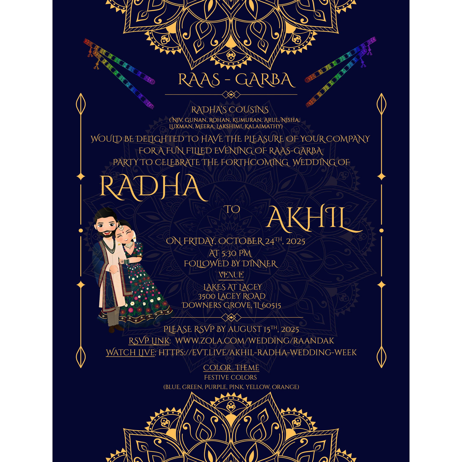 Garba is a vibrant and energetic folk dance peromed in a circle, originating from Gujarat, India. Garba is often followed by or incorporated with Dandiya Raas, a dance using wooden sticks (dandiyas).