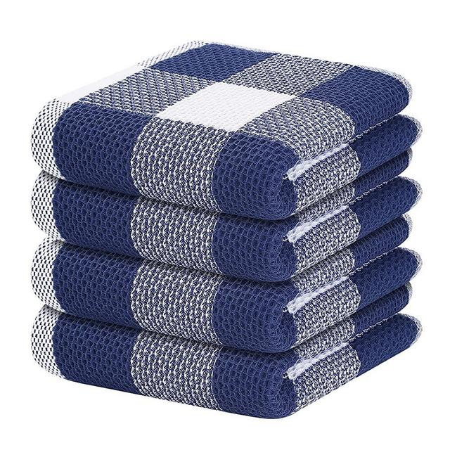 Mordimy 100% Cotton Waffle Weave Check Plaid Kitchen Towels, 13 x 28 Inches, Super Soft and Absorbent Kitchen Dish Towels, 4-Pack, White & Navy Blue