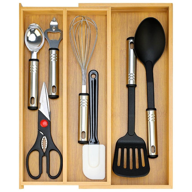 Large Bamboo Silverware Drawer Organizer Tray Kitchen Tool Drawer Divider Organizers Storage Expandable Cooking Utensil Organizer Wooden Cutlery Tray Spoon Flatware Organizers Utensil Holder Drawer