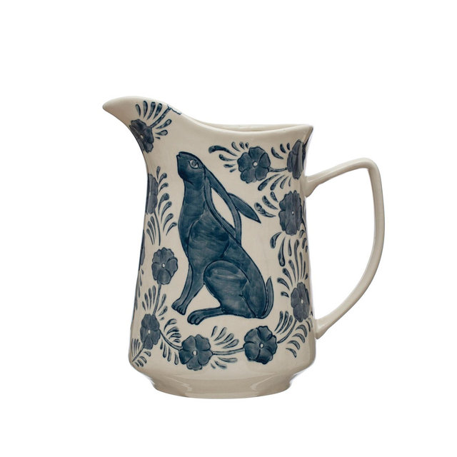 Storied Home Stoneware Pitcher with Painted Rabbit and Florals, Blue and Cream