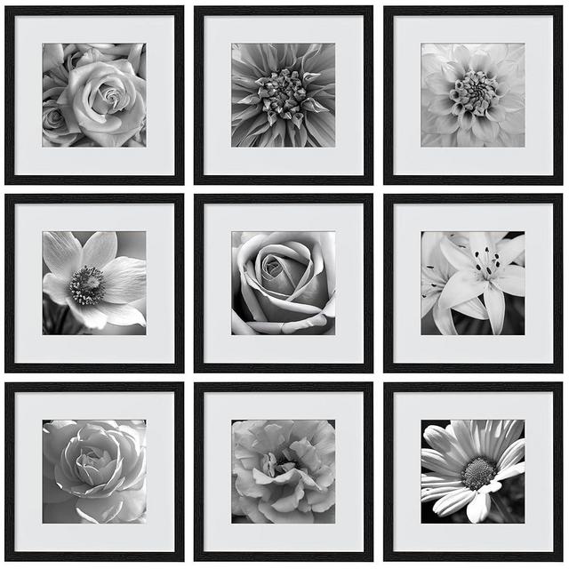 eletecpro 14x14 Picture Frames Set of 9, Classic Gallery Wall Frame Set Displays 10x10 Photos with Mat or 14x14 without Mat, Photo Frames Collage Wall Decor, Black Frames for Home Decor