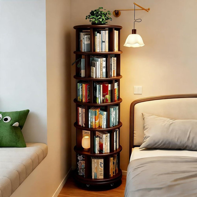 6-Tier Rotating Bookshelf - Solid Wood Rotating Bookcase Tower with Wheels - 360° Round Revolving Bookcase Organizer - Spinning Bookshelf for Small Spaces, Living Room, Office, and Bedroom (Walnut)