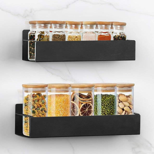 SYLLENHOD Kitchen Spice Rack: 2 Packs Black Adhesive Wall Mount - 11.8" Large Hanging Storage Organizer Cabinet Without Drilling for Smooth Wall - Work Room Bathroom Shelves