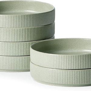 famiware Star 7.5" Pasta Bowls Set, Salad Bowl Set of 6, Double Reactive Glaze, Stackable, Perfect for Your Friend for Housewarming, Thanksgiving, Christmas, Light Green