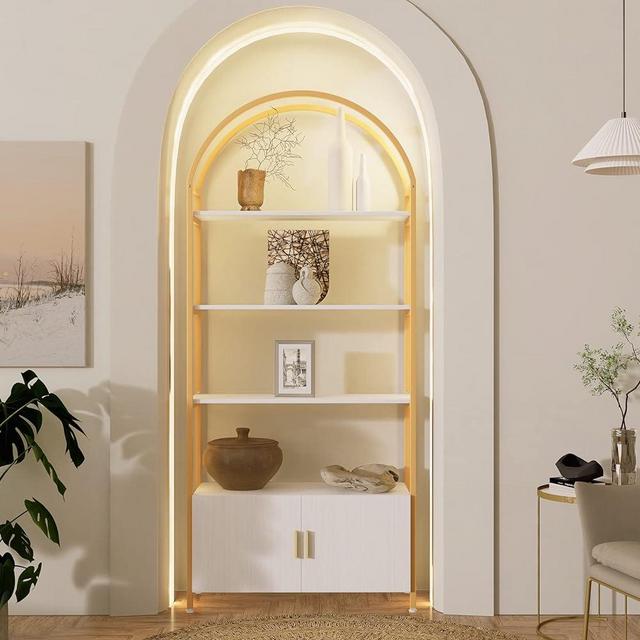 Jehiatek Gold Bookshelf, Arched Bookcase with Doors Storage, 71" Tall Industrial Book Shelf with Sturdy Metal Frame, E1 Quality Boards, Freestanding Display Shelving Unit, White and Gold