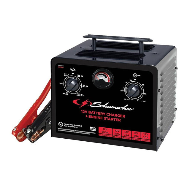 Schumacher Electric SC1667 Car Battery Charger Jump Starter - Manual Timer-Controlled Battery Jumper & Charger for Cars, Trucks & SUVs - Battery Booster with Overload Protection - for Home Mechanics