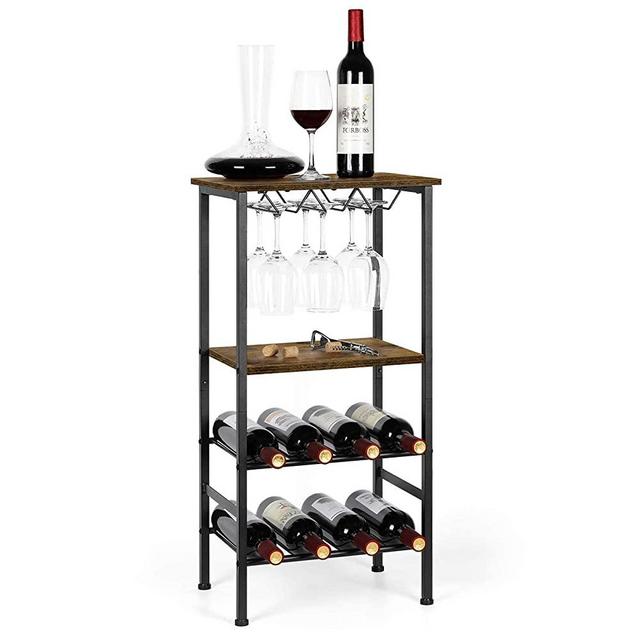 Wood Wine Rack Free Standing Floor, Industrial Wine Display Shelves with Glass Holder Rack & 8 Bottles Holder, Multifunctional Wine Bar Cabinet for Kitchen Dining Room Pantry Cellar, Rustic Brown