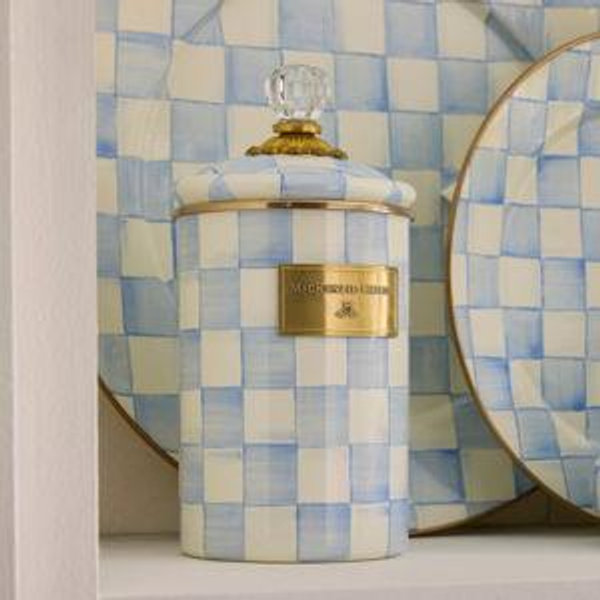 MACKENZIE-CHILDS Enamel Canister, Kitchen Storage Container with Lid, Medium, 48-Ounce Capacity, Light-Blue-and-White Sky Check