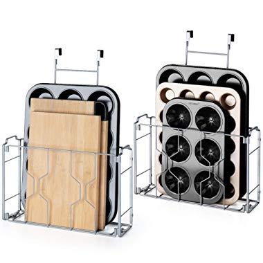 Bextsware 2 Pack Over the Door/Wall Mount Cabinet Organizer Storage Basket in Kitchen or Pantry for Cutting Board, Aluminum Foil, Plastic Wrap, Mesh Silver