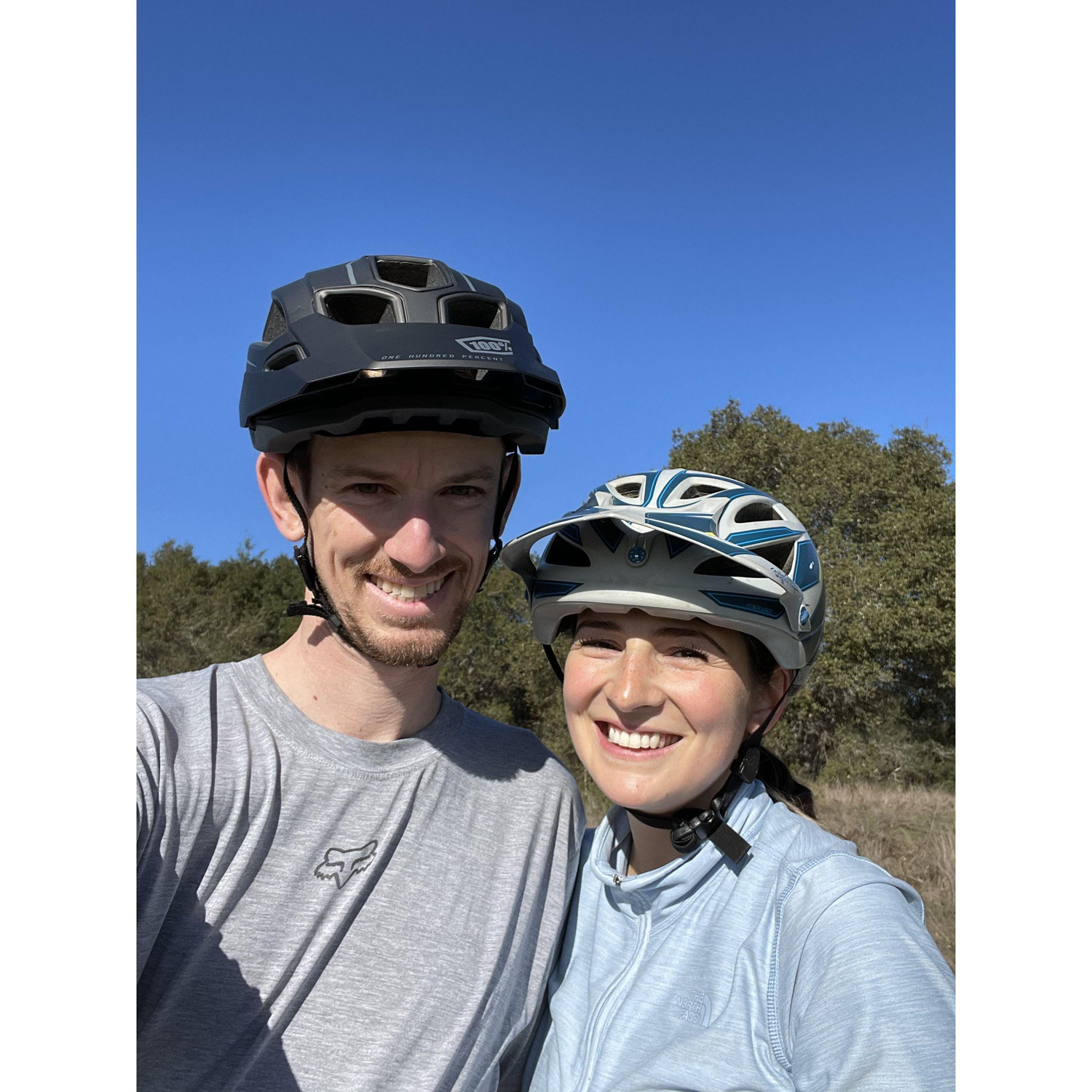 Riding mountain bikes together.