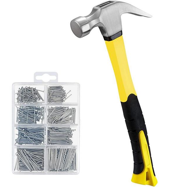 KURUI 16 oz Claw Hammer & 560PCs Hardware Nail Assortment Kit,framing Hammer Set with Anti-Slip Handle, Anti-Corrosive Galvanized 280 Picture Hanging Nails & 280 Finishing Nails for Household and DIY
