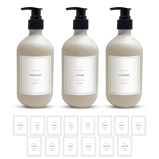 Quintessential Soap Dispenser Set of 3 with Black Pump Nozzles, Wheat Straw Bottles 500 ml Dispenser, Refillable Liquid Dispensers for Bathroom Countertop & Dish wash Soaps with 14 Organizing Labels