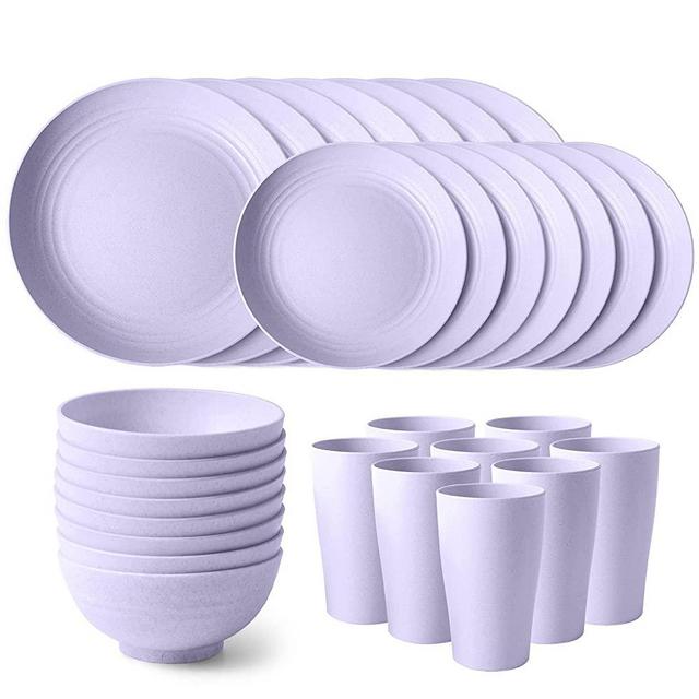 Teivio 32-Piece Kitchen Wheat Straw Dinnerware Set, Dinner Plates, Dessert Plate, Cereal Bowls, Cups, Service for 8, Unbreakable (Purple)