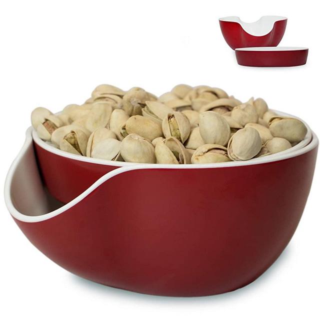 Pistachio Bowl, Snack Serving Dish, Double Peanut Bowl with Nut Seeds Shell Candy Storage, Red