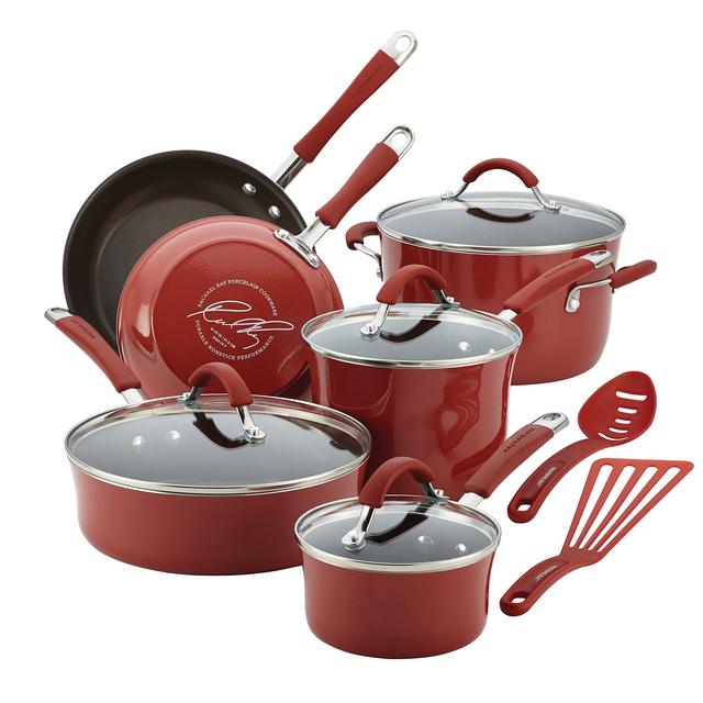 Rachael Ray Cucina Hard Porcelain Enamel Nonstick Cookware Set, 12-Piece, Cranberry Red