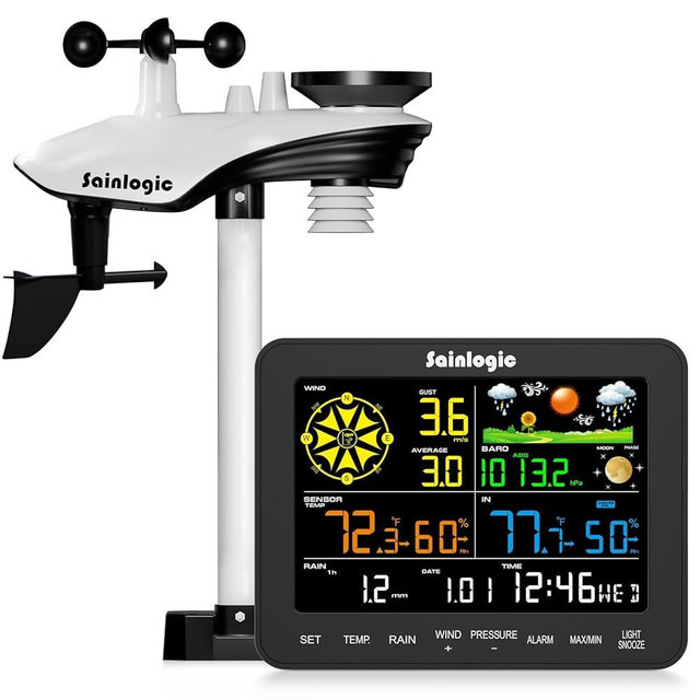 Sainlogic 12-in-1 Weather Station Wireless SA6, Weather Station with Rain Gauge, Wind Speed, Weather Forecast, Air Pressure, Humidity, Alarm Clock(No WiFi)