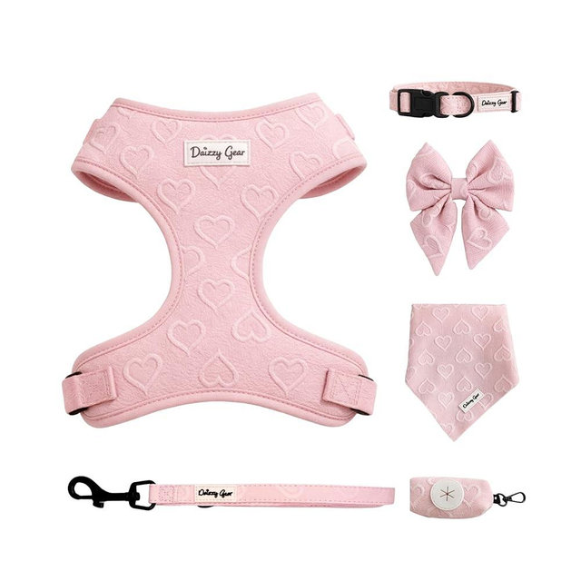 Small Dog Harness Set – Cute No Pull, All Weather, Breathable Harness and Leash Set with Collar, Bandana, Sailor Bow & Poop Bag Holder – Adjustable, Soft & Stylish - Pink Hearts on Jacquard Fabric