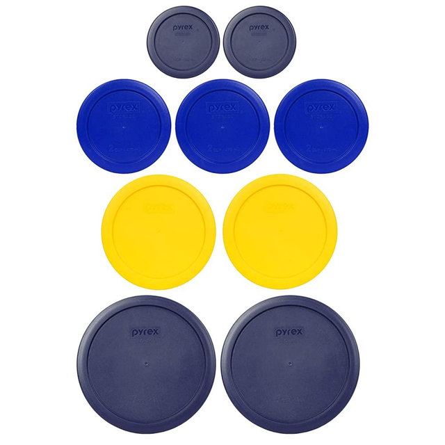 Pyrex (2) 7402-PC 6/7 Cup Blue (2) 7201-PC 4 Cup Meyer Yellow (3) 7200-PC 2 Cup Cadet Blue (2) 7202-PC 1 Cup Blue Replacement Food Storage Lids