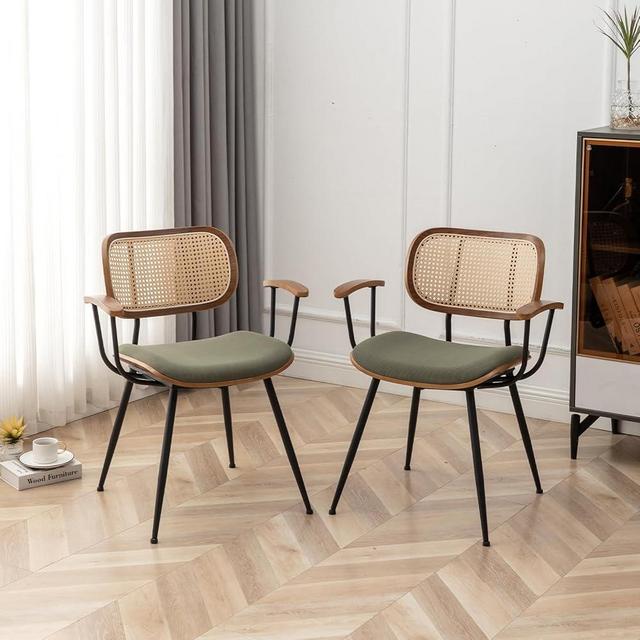 YOUUGIOR Rattan Dining Room Chairs Set of 2,Mid Century Modern Kitchen Side Chairs,Metal Legs Desk Chairs,Linen Fabric Accent Chairs with Arms and Rattan Backrest,Green Fabric