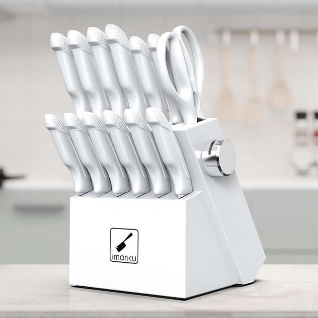 imarku Knife Set White, Sharp Knife Set with Block and Sharpener, Stainless Steel Kitchen Knife Set with Non-Slip Ergonomic Handle, Dishwasher Safe, 14 PCS Professional Knife Set Gifts for Men Women