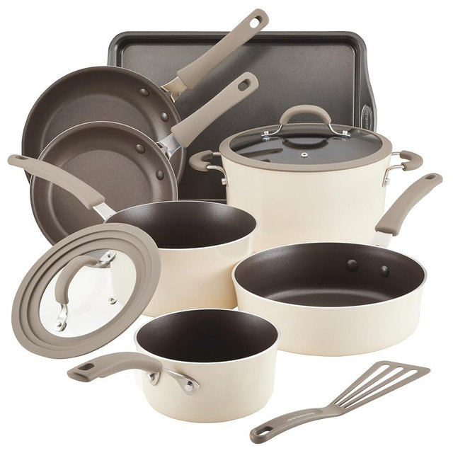 Rachael Ray Cook + Create Nonstick Cookware Pots and Pans Set, Includes Baking Sheet Pan and Cooking Utensil, 10 Piece - Almond